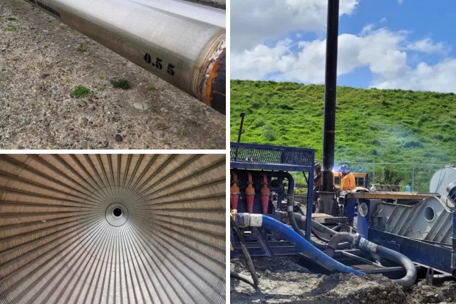 A collage of three images. The top left-hand corner shows the screen and its length. The bottom left-hand corner image is of the inside of the screen, showing the slotting where the water will enter through from. The third image in on the entire right-hand side of the collage and shows the work crew in overalls finishing off the casing of the bore pipe.