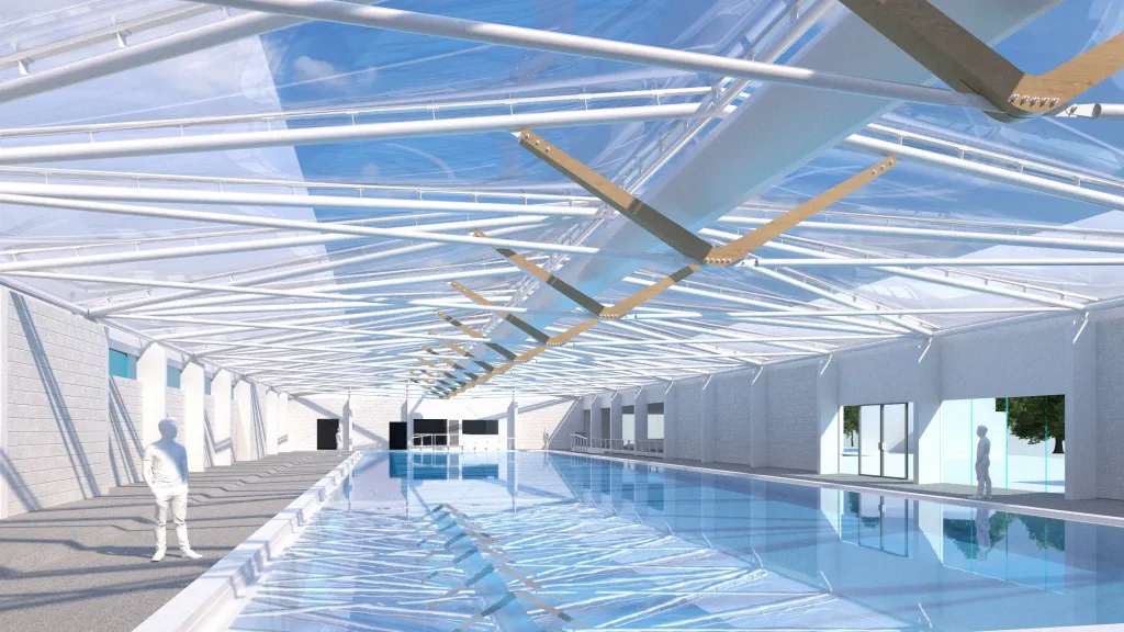 Image caption: Latest design imagery showing the ETFE roof in Marton Swim Centre.