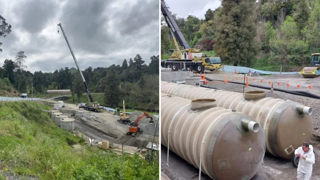 Two images showing the large wastewater tanks being lifted into place at Papakai Park. The image on teh left shows a crane lowering one of the tanks onto the bround where it now lies. The second image show both tanks in place next to each other.