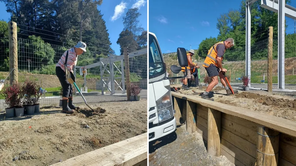Two images showing Council staff and volunteers doing planting of trees around the perimiter of the wastewater infrastructure at Papakai Park