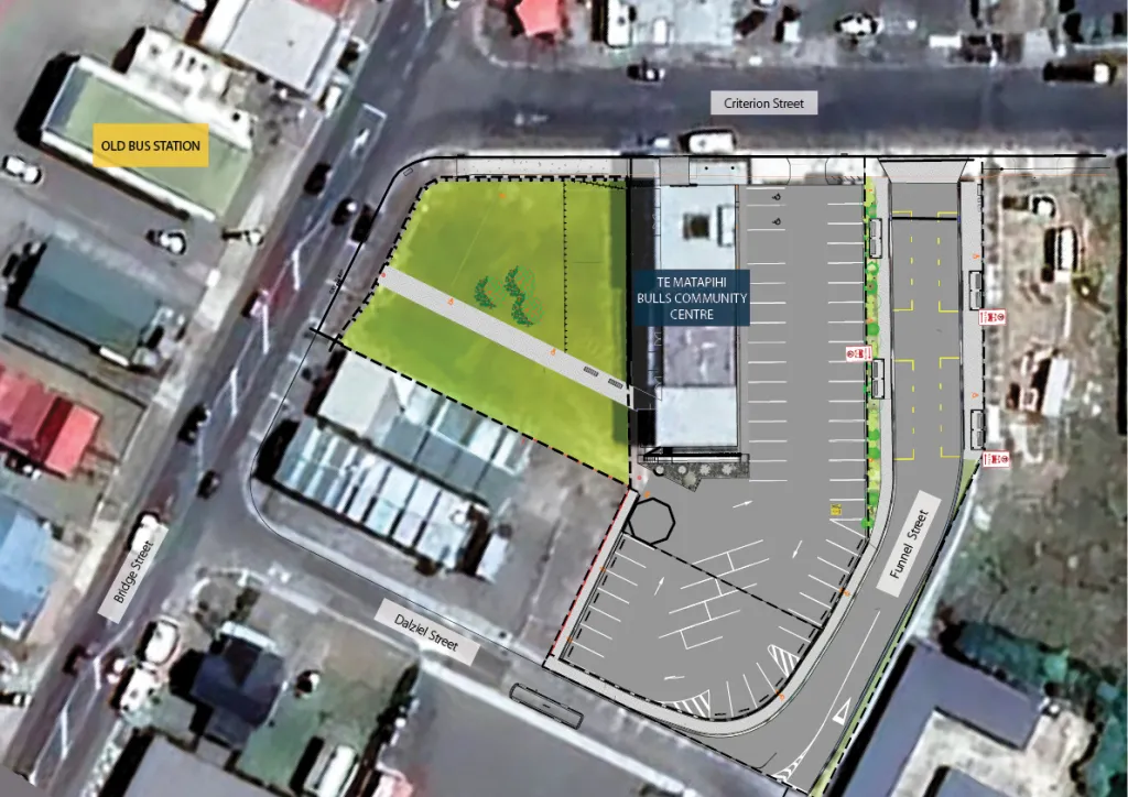 A overhead plan of Te Matapihi and the surrounding space which then became the bus lane and the town square.