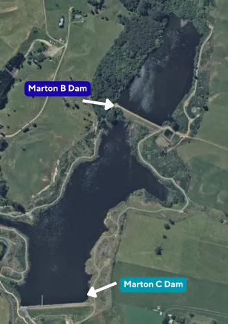 A map of the Tūtaenui Reservoir which shows the Marton B Dam to the north and Marton C Dam to the south.