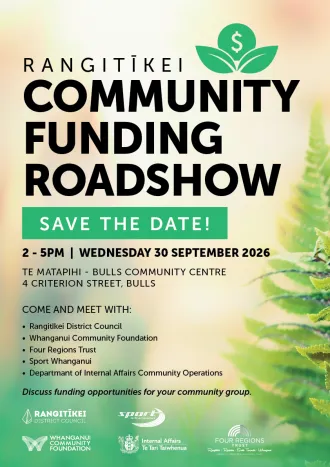 A poster with information relating to the Rangitīkei Community Funding Roadshow that's listed in the description above.