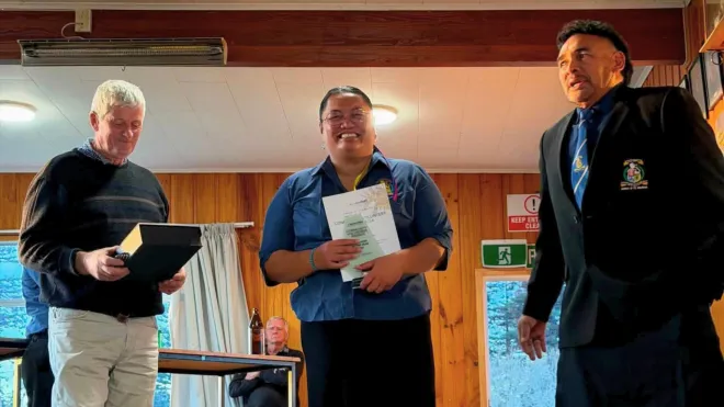 Mayor Andy, Lowie and a member of the Marton Rugby & Sports Club.